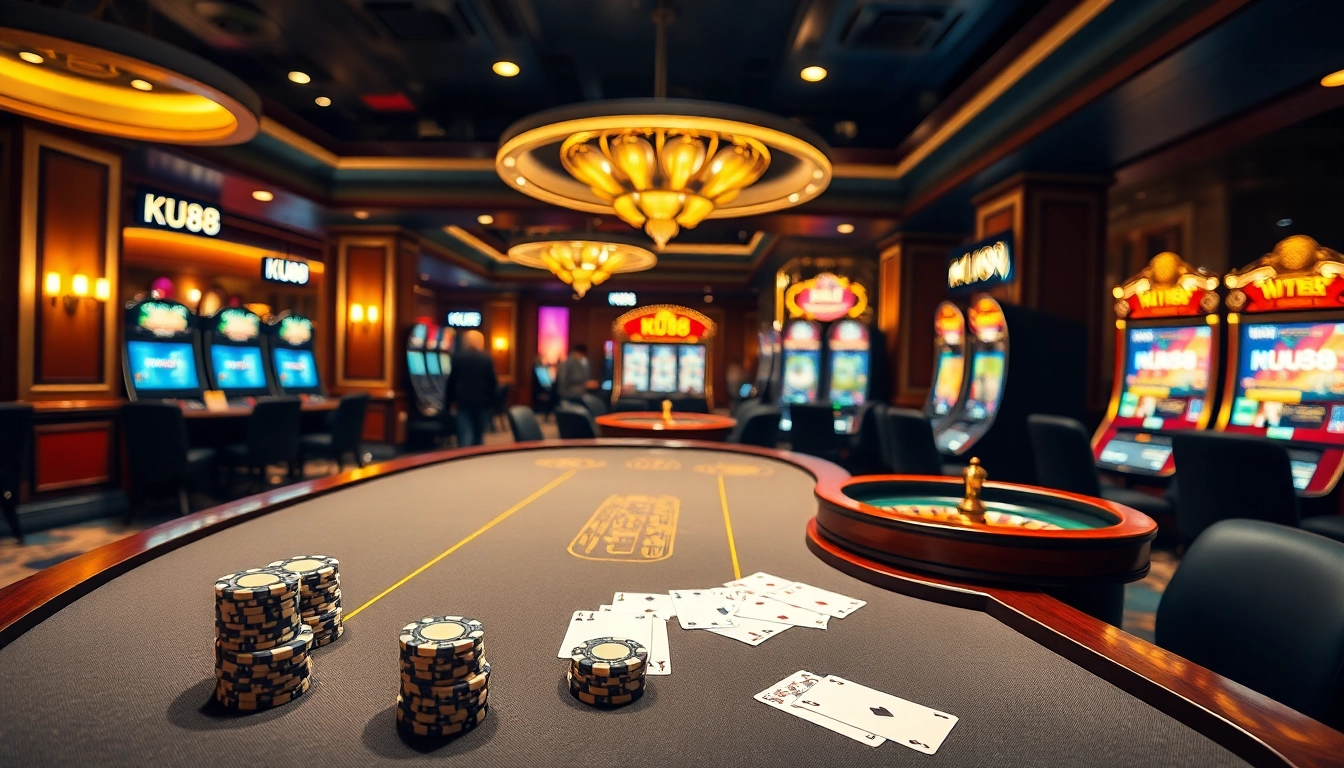 Experience the excitement of KU88 casino with lively poker tables and vibrant slot machines.