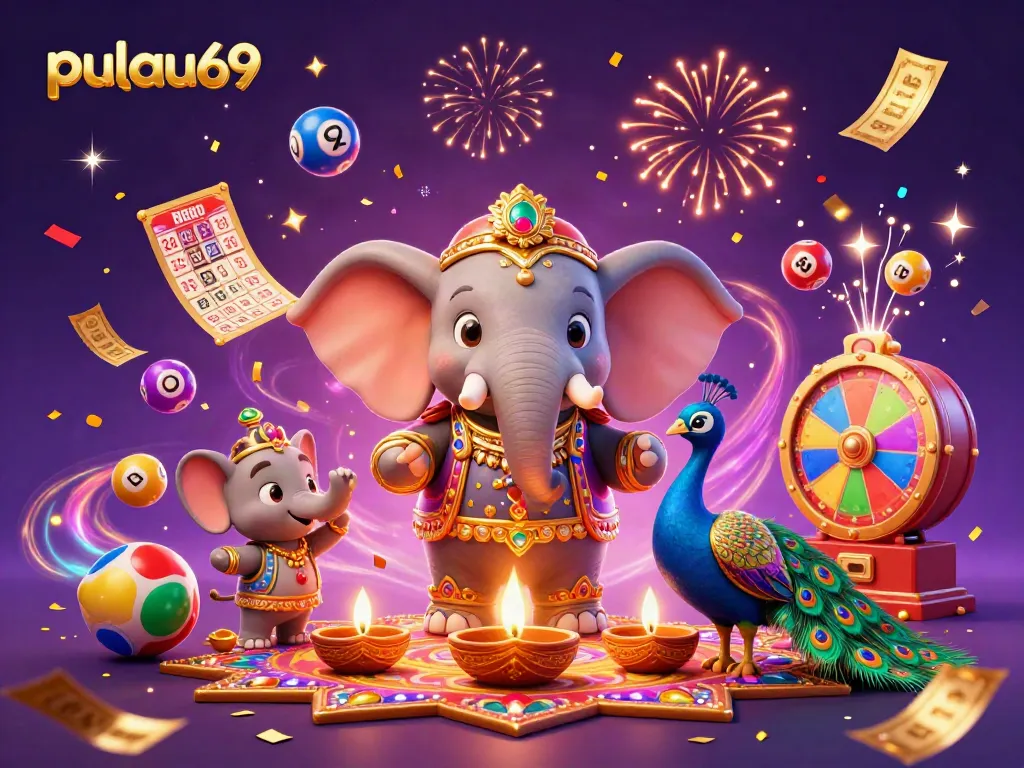 Engage with pulau69's vibrant gaming scene featuring dynamic lottery elements and festive characters.