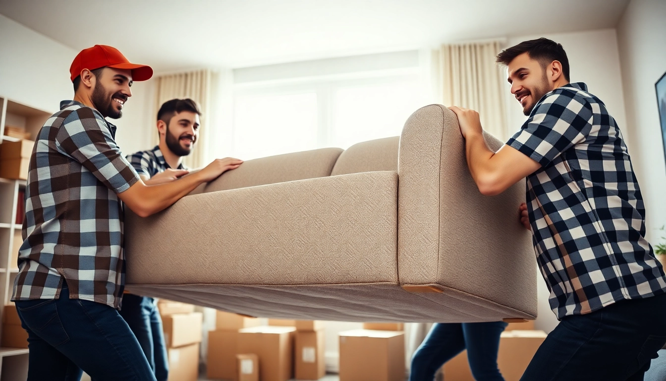 Local apartment movers carefully handling a couch, showcasing teamwork and professionalism in a moving process.