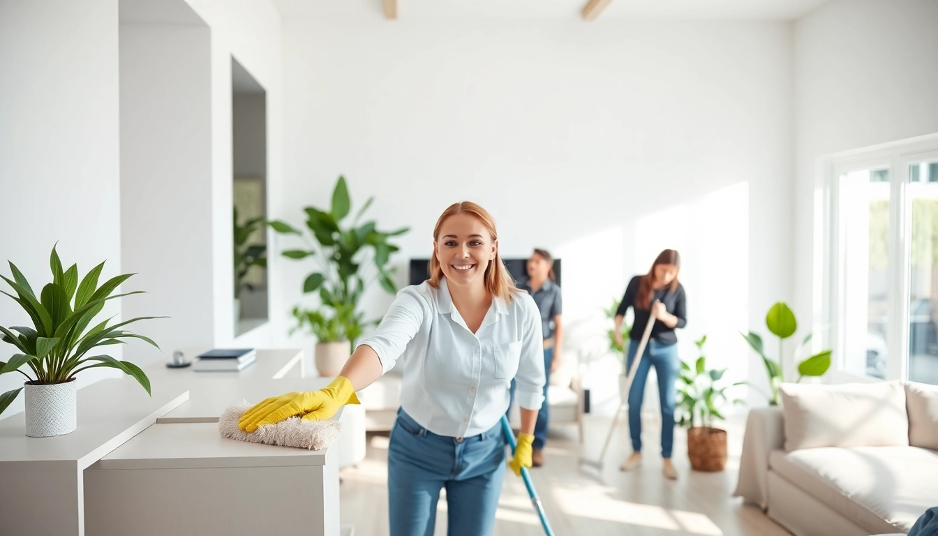 Showcasing cleaning services in action, a professional team meticulously dusting a bright home environment.