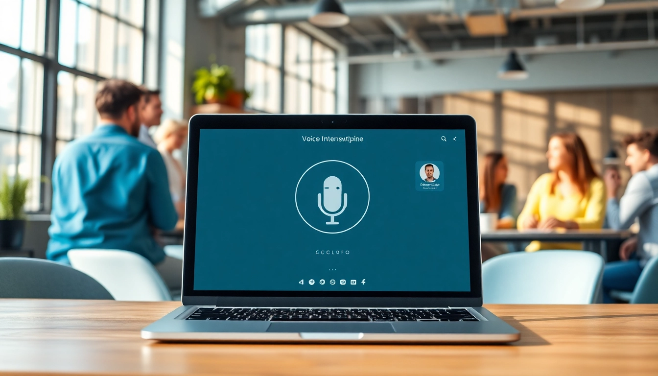 Engage with https://www.speechlyapp.com through a modern voice interaction interface in a lively coworking environment.