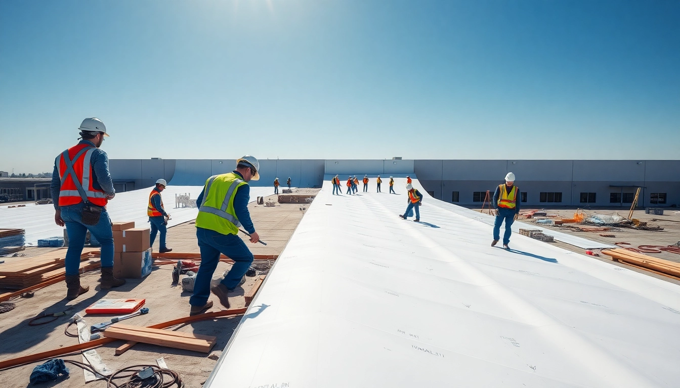 Showcasing efficient commercial roofing services as skilled workers apply a durable roof on a commercial building.