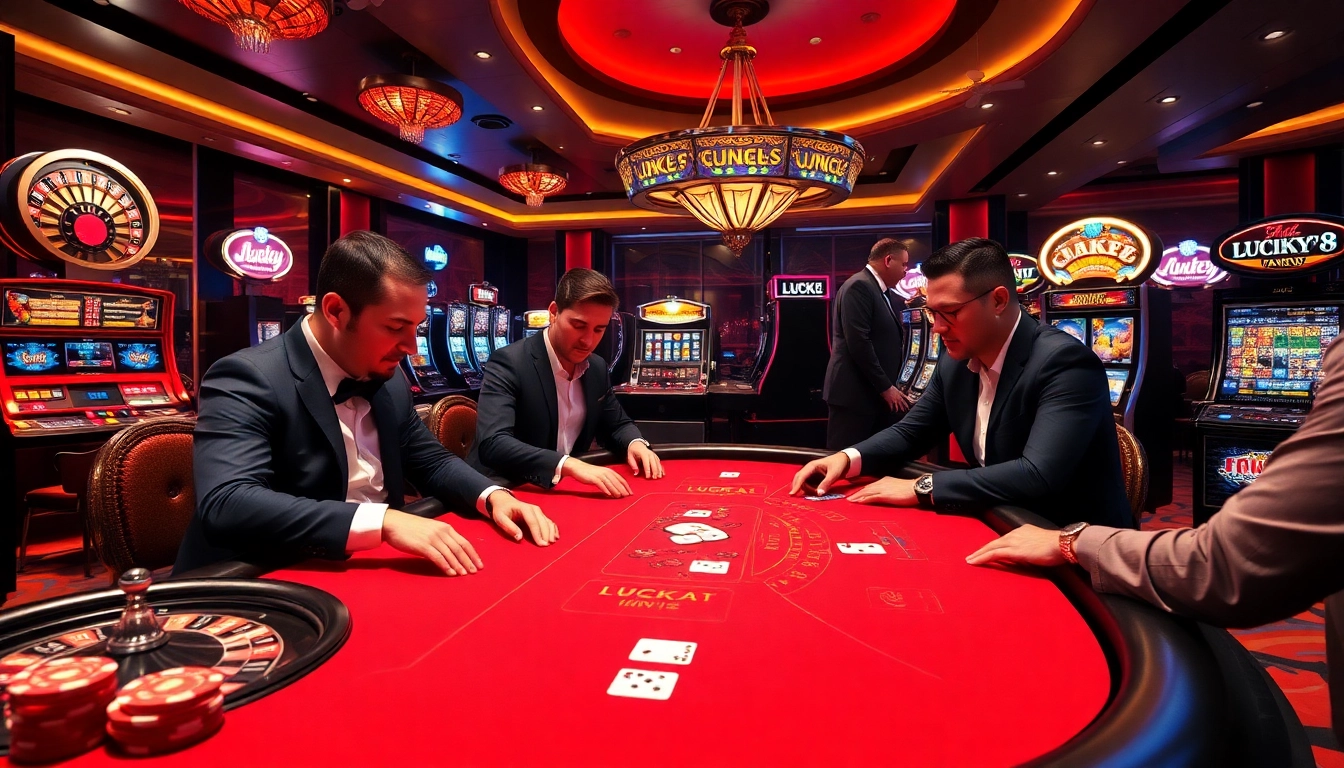 Người chơi thắng lớn tại casino LUCK8, ăn mừng với những đồng chip poker đầy màu sắc và các máy đánh bạc đầy hứng khởi.