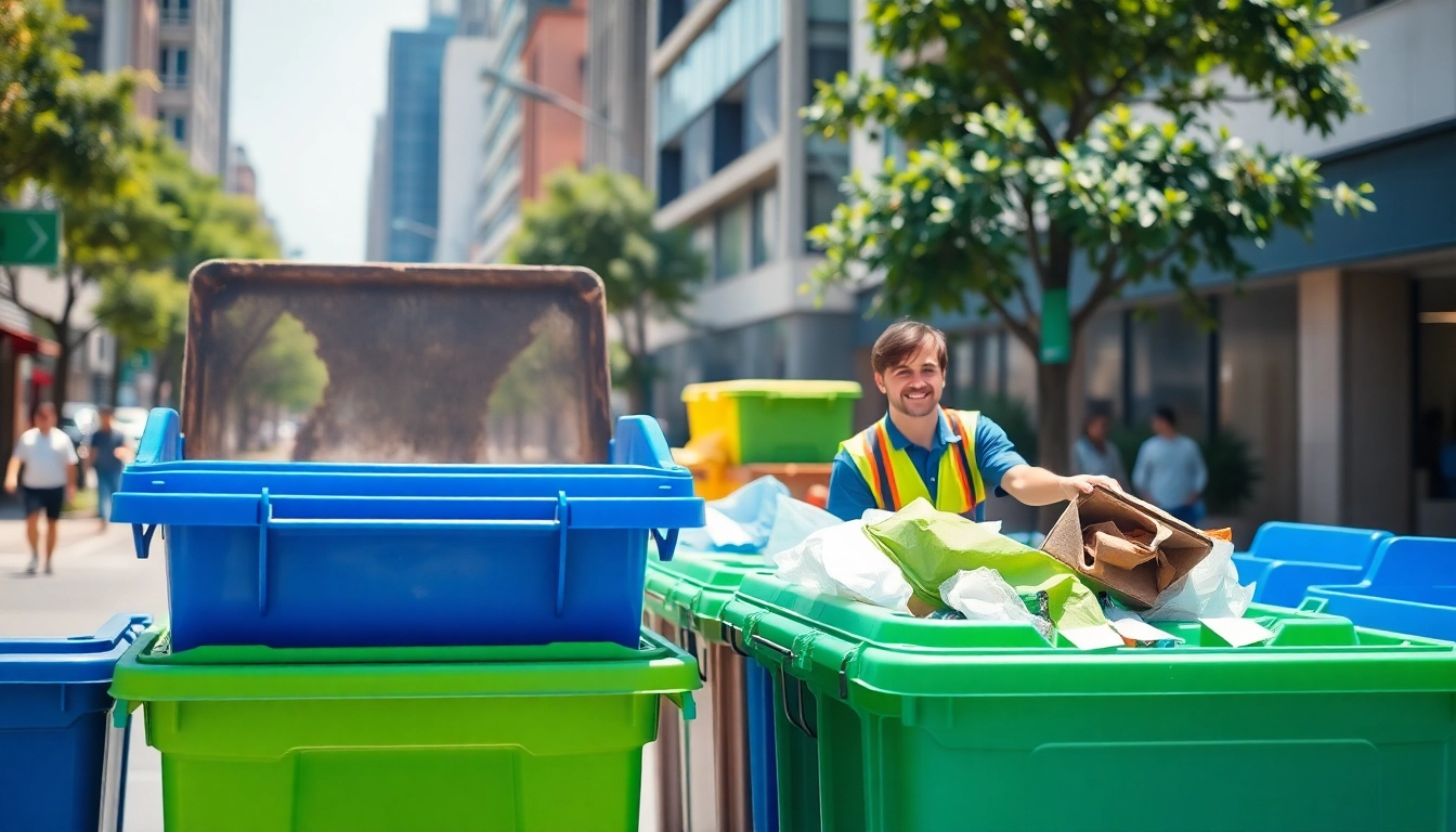 Organized garbage removal bins displayed in a vibrant urban scene with a cleaning crew.