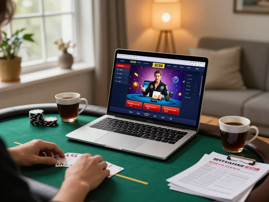 Engaged player using SC88 online casino platform to strategize poker game at home.