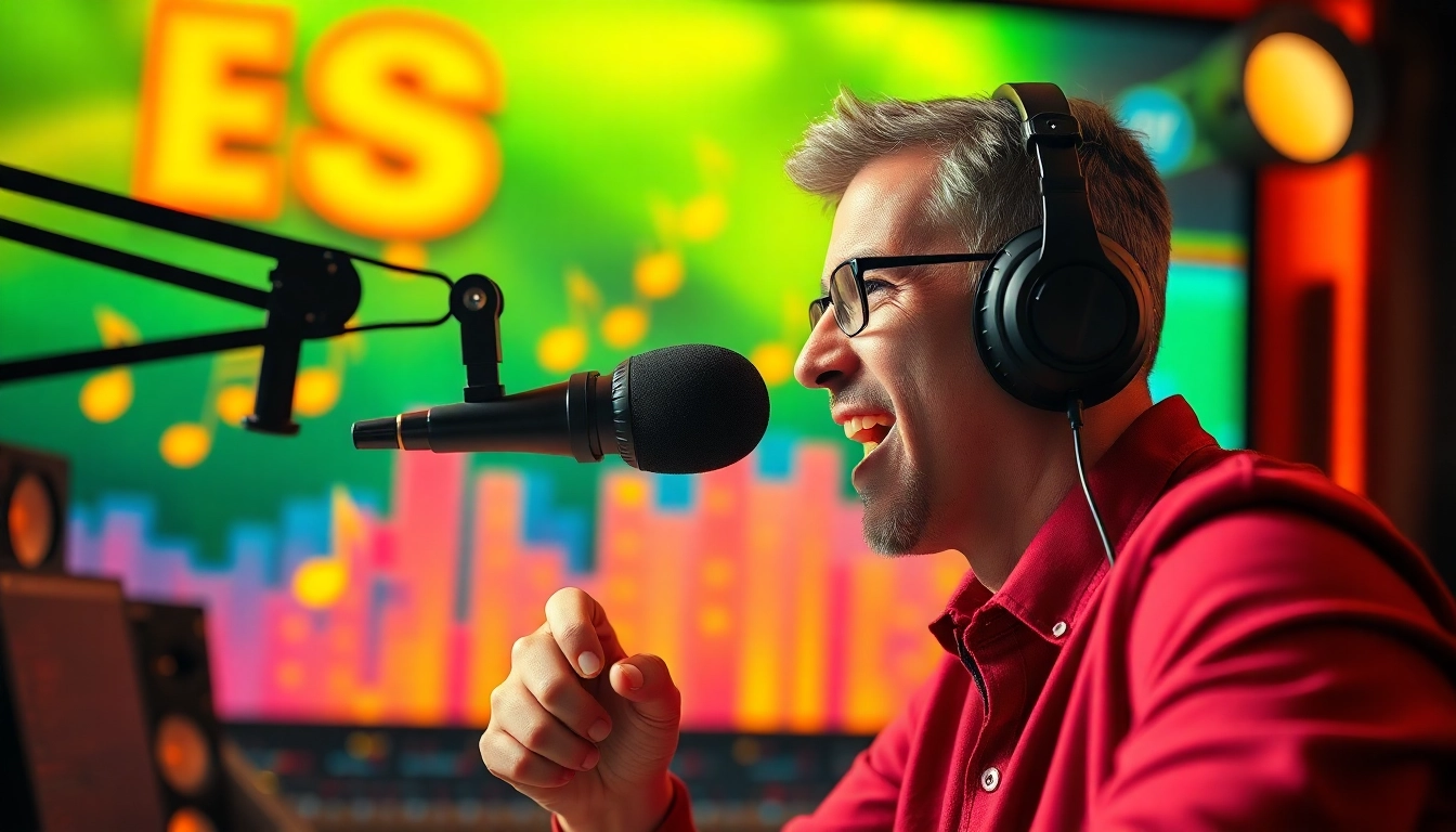 Capture the essence of sports broadcasting at https://www.westcentralsbest.com with a passionate announcer in a vibrant studio.