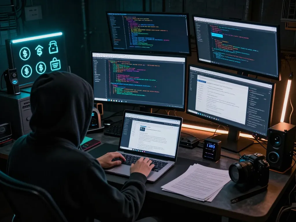 Explore the hidden wiki on monitors in a dark web environment, showcasing anonymity and security