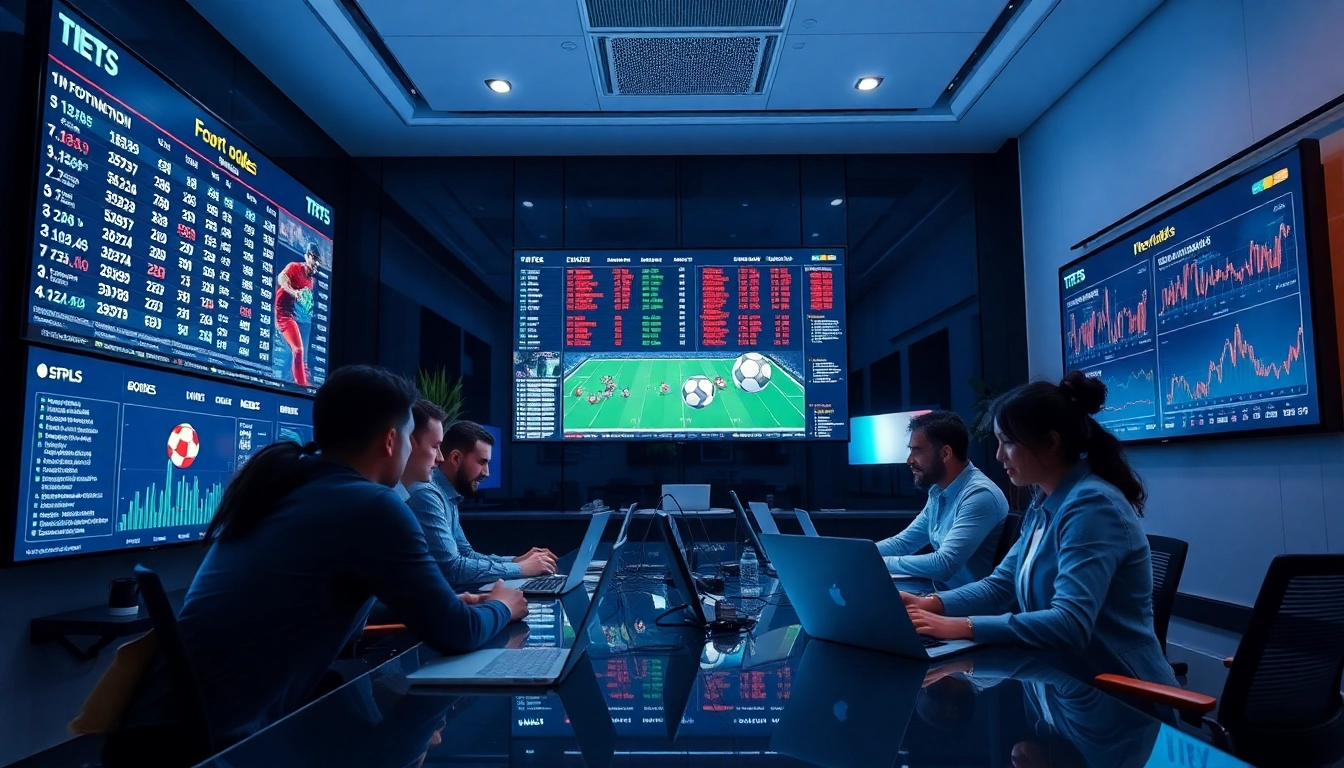 Modern sports analytics office displaying live odds and statistics from https://keonhacai.gold/ with analysts discussing trends.