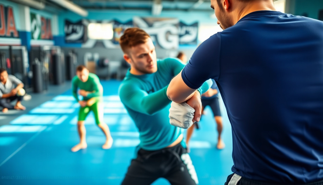 Fighters wearing Jiu Jitsu Rash Guards demonstrate intense training techniques in a vibrant gym setting.