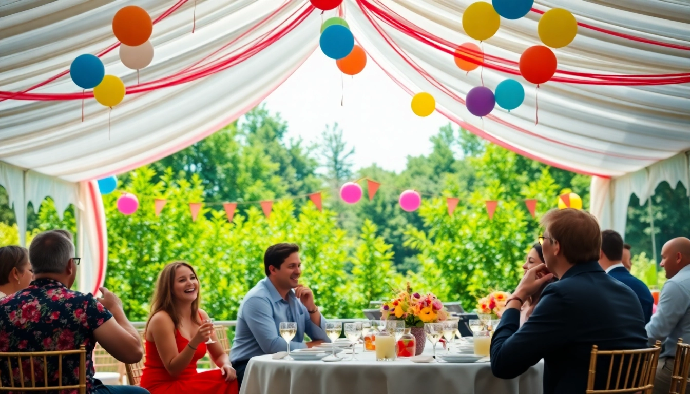 Vibrant outdoor scene featuring party rentals near me with colorful decorations and joyful guests.