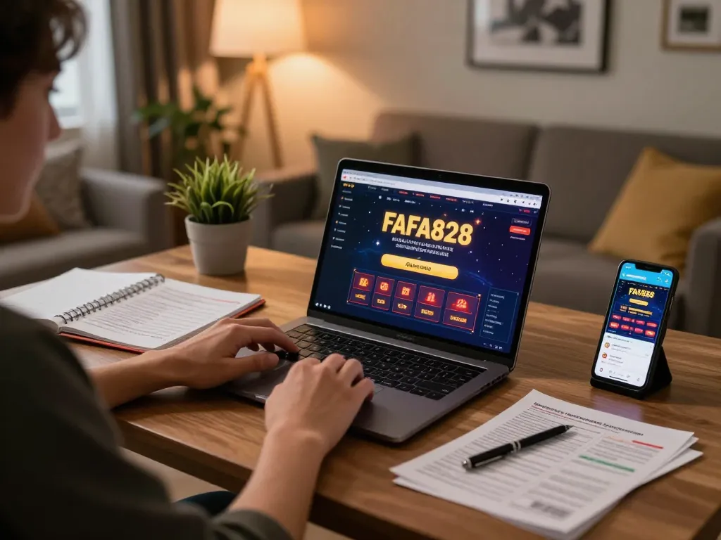 Player engaging with FAFA828 online casino interface on laptop, warm cozy setting highlighting strategic gaming.