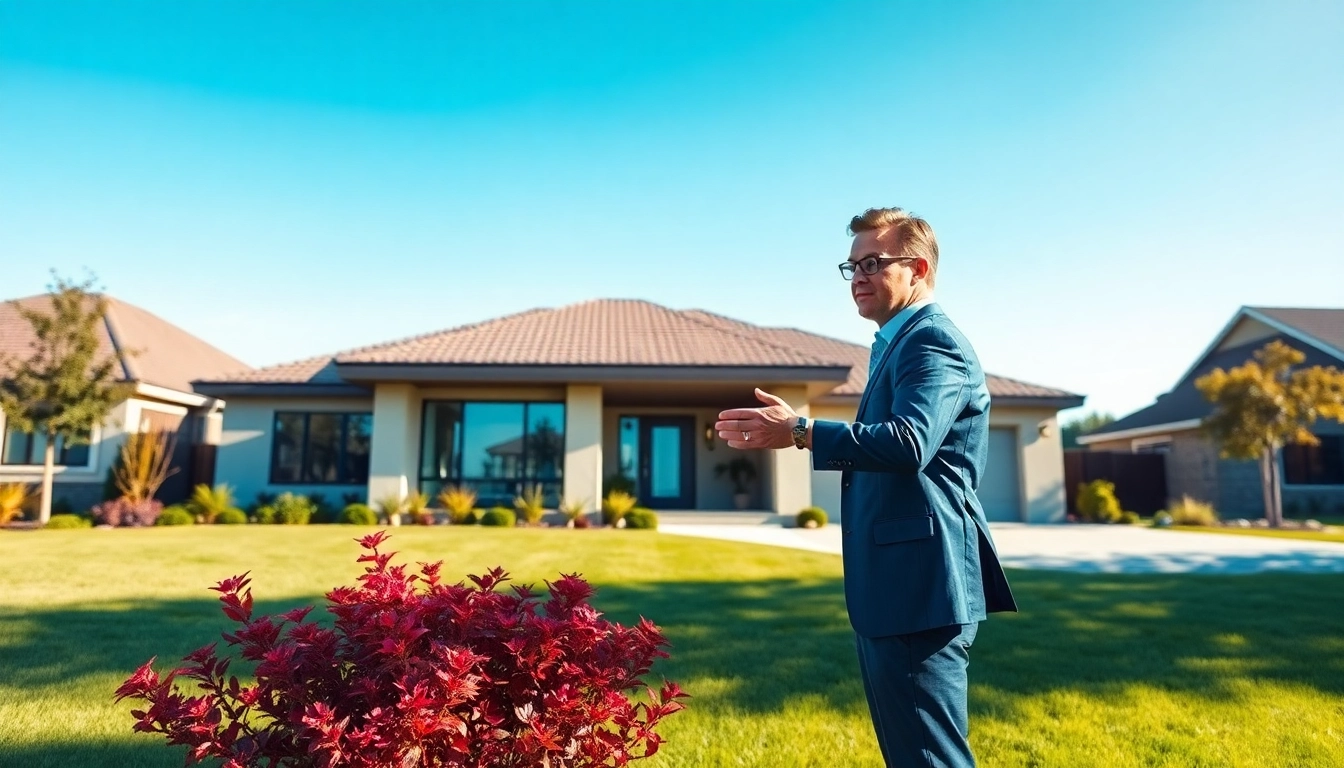 Highlighting a professional real estate agent showcasing a modern property in a vibrant setting.