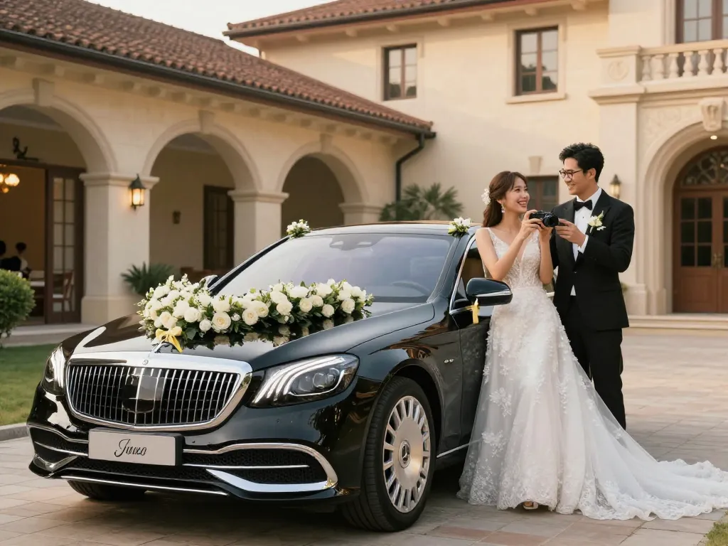 Thuê một chiếc Mercedes hạng sang cho đám cưới, với cặp đôi và trang trí hoa trong một khung cảnh lãng mạn.