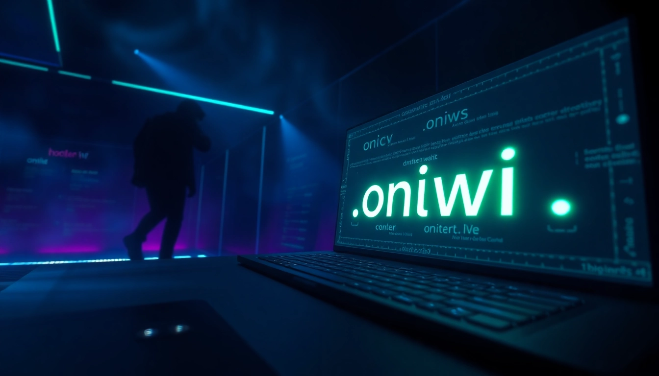Explore the hidden wiki's mysterious dark web landscape with glowing .onion URLs, illustrating digital anonymity.