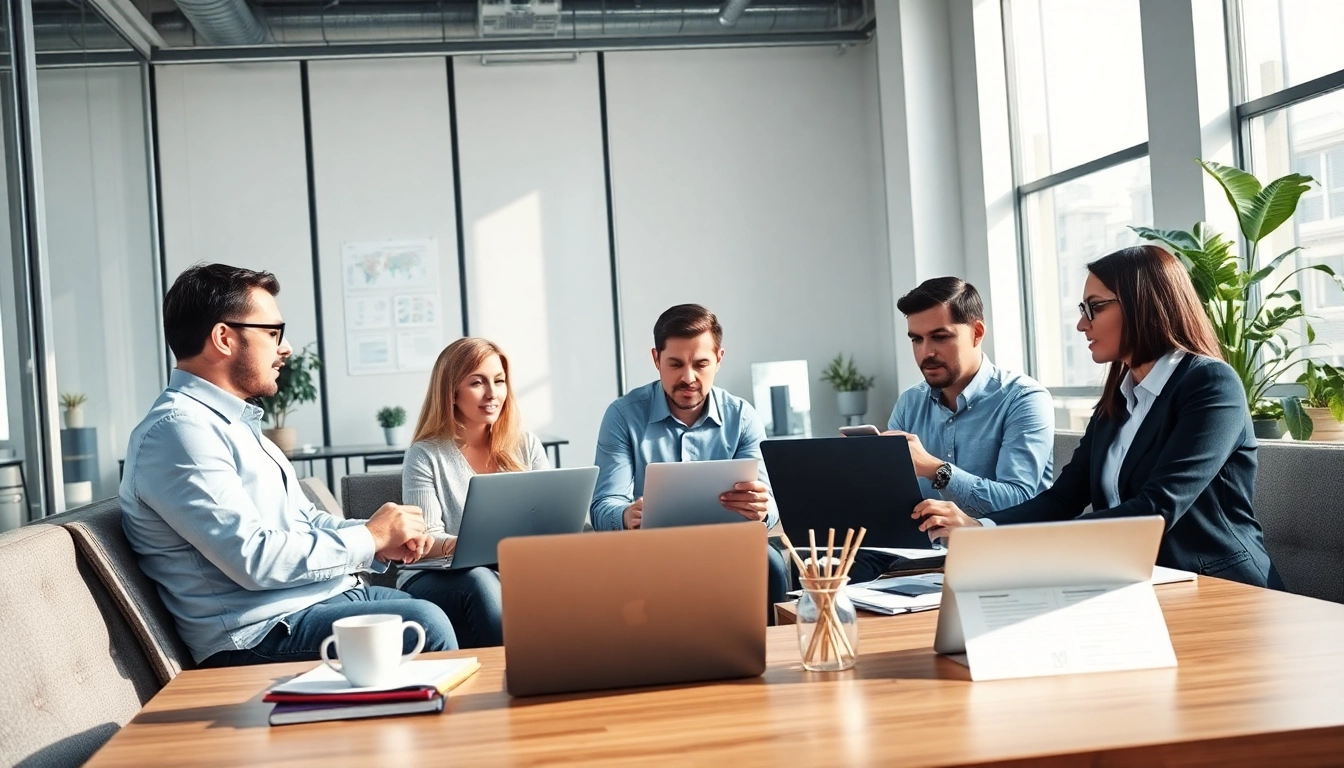 Dynamic team in a press release agency working together to create impactful communications.