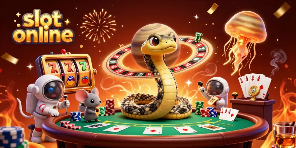 Play exciting slot online games in a vibrant casino-themed 3D illustration with cosmic elements.