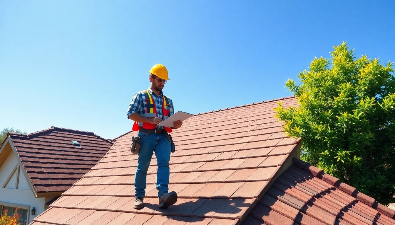 Roofing contractor inspecting shingles on a house roof under blue skies, ensuring quality service.