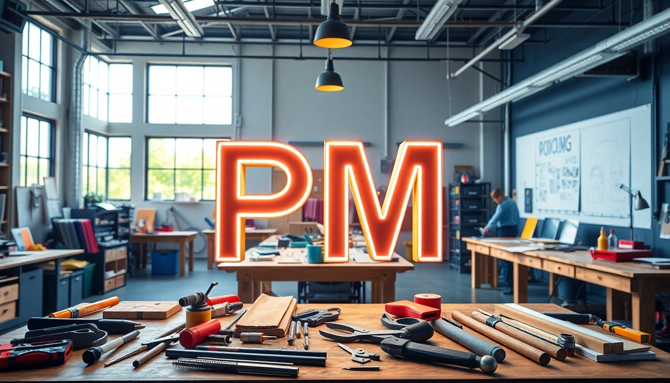 Crafting vibrant pm signs in a modern design studio workshop setting.