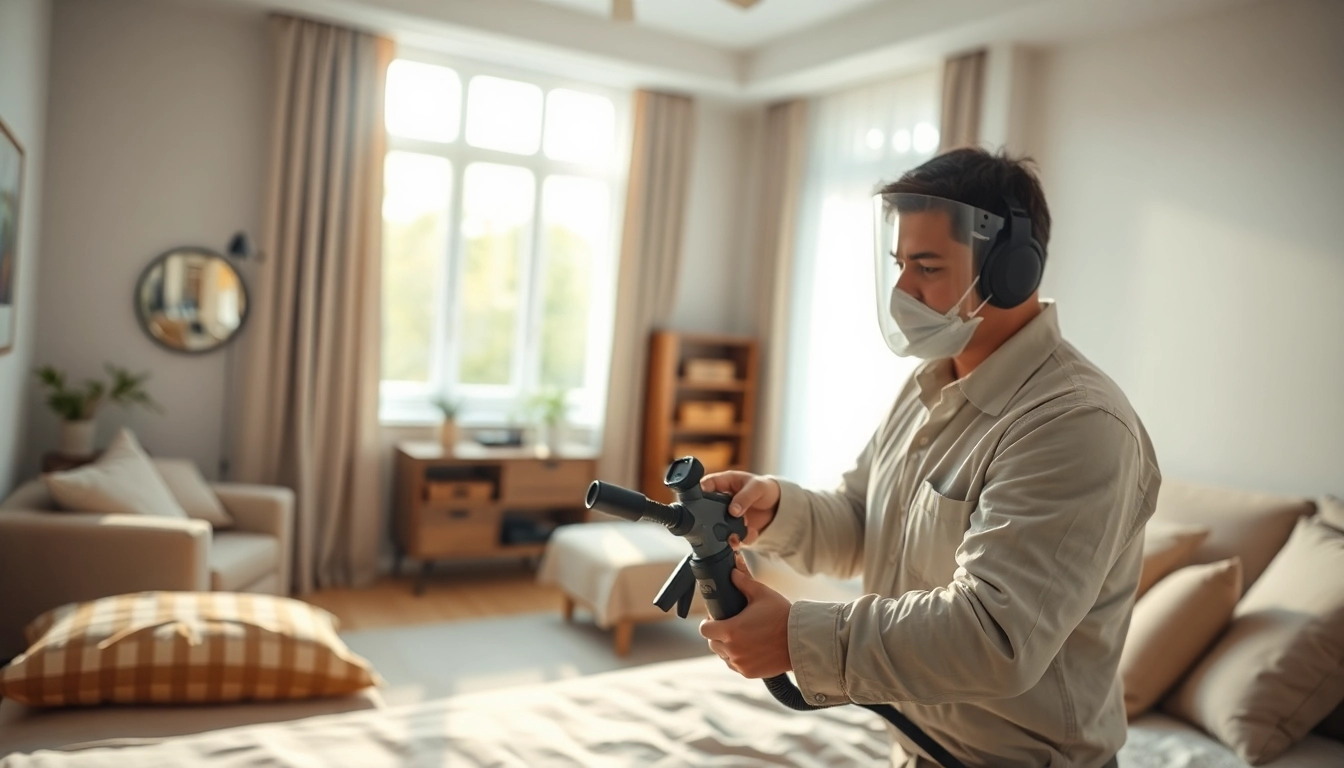 Bed bug exterminator treating a bedroom for infestations using advanced techniques.
