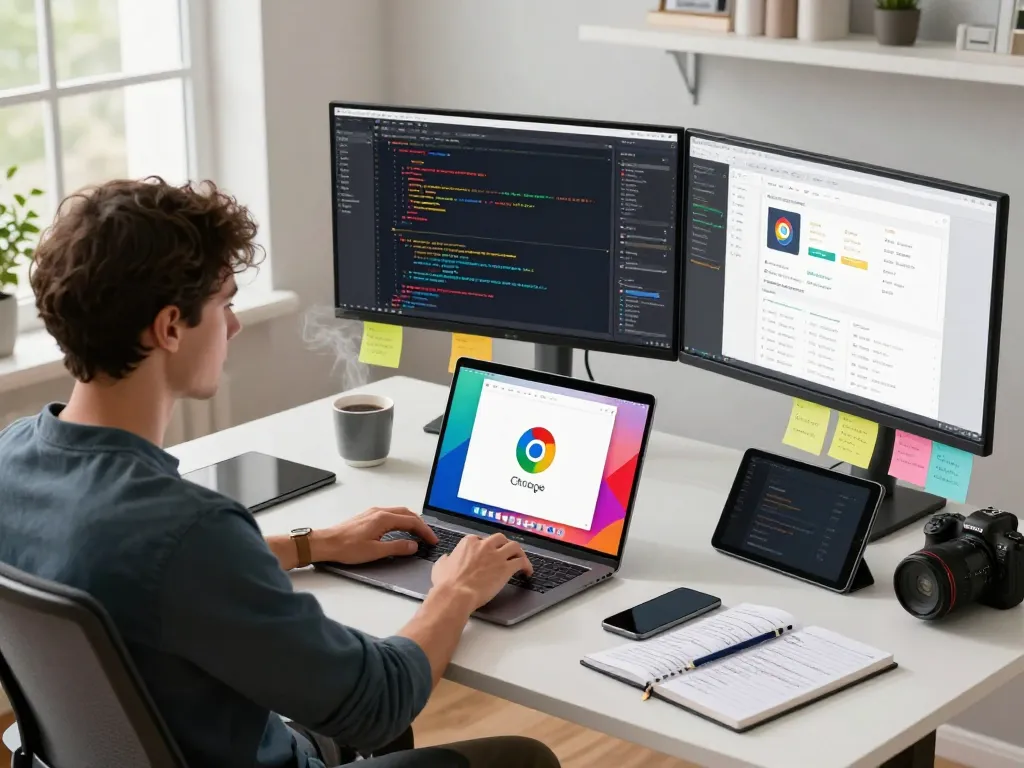 Experience the speed and efficiency of 谷歌浏览器 in a modern tech workspace with dual monitors and coding projects.