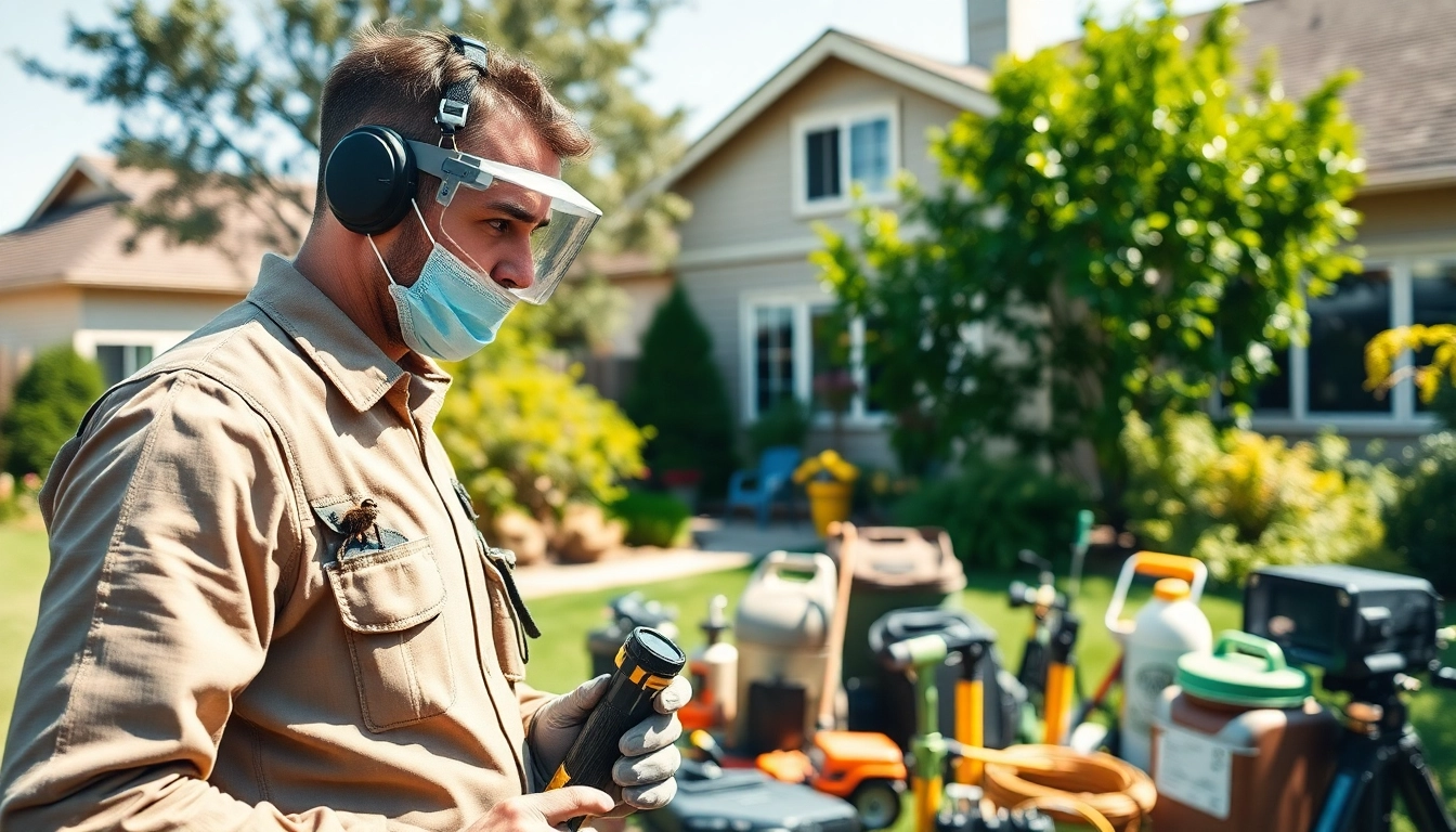Professional exterminator near me performing pest identification in a backyard.