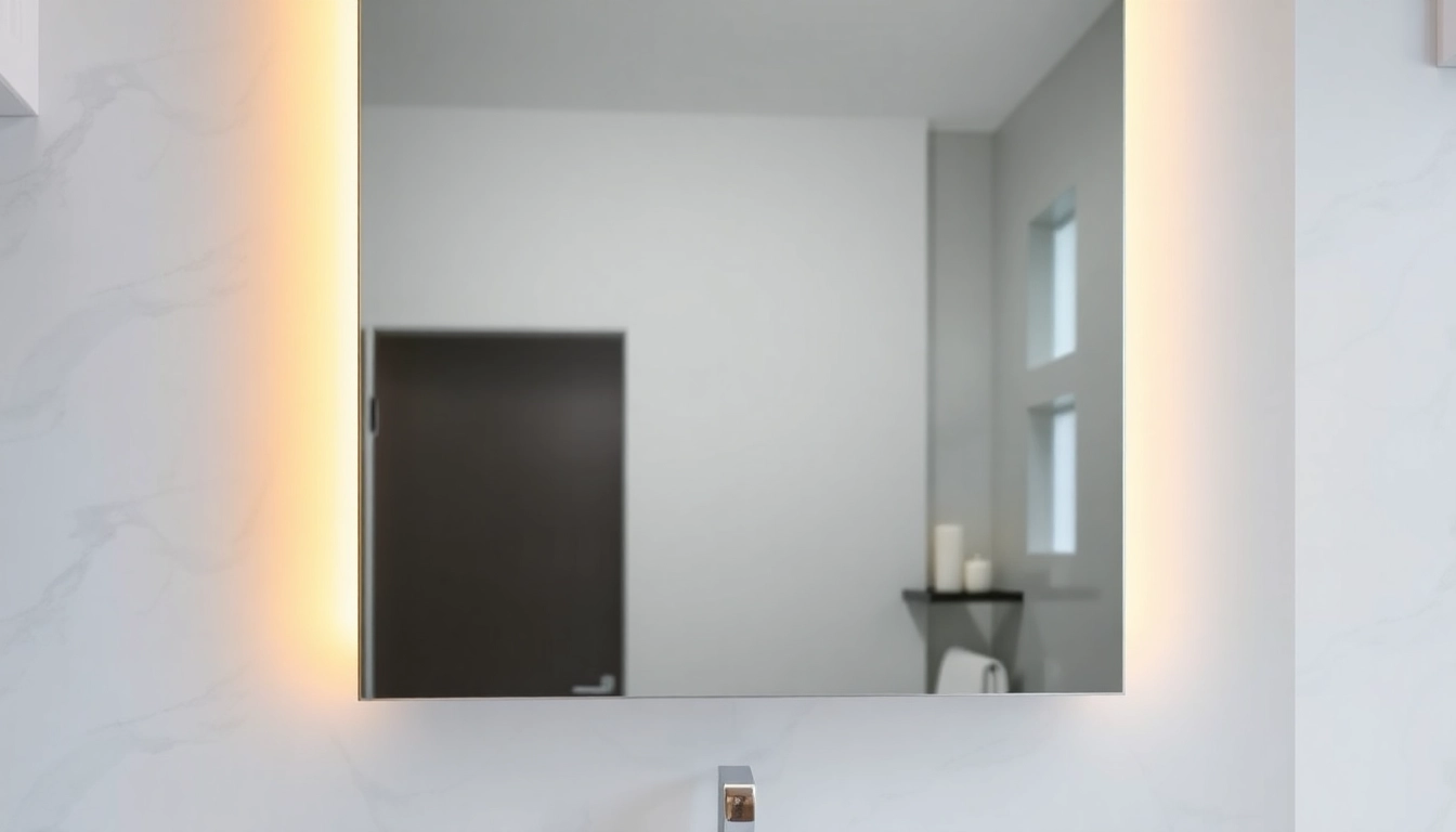 Spiegelschrank mit LED Beleuchtung im modernen Badezimmer mit eleganter Einrichtung und warmem Licht.