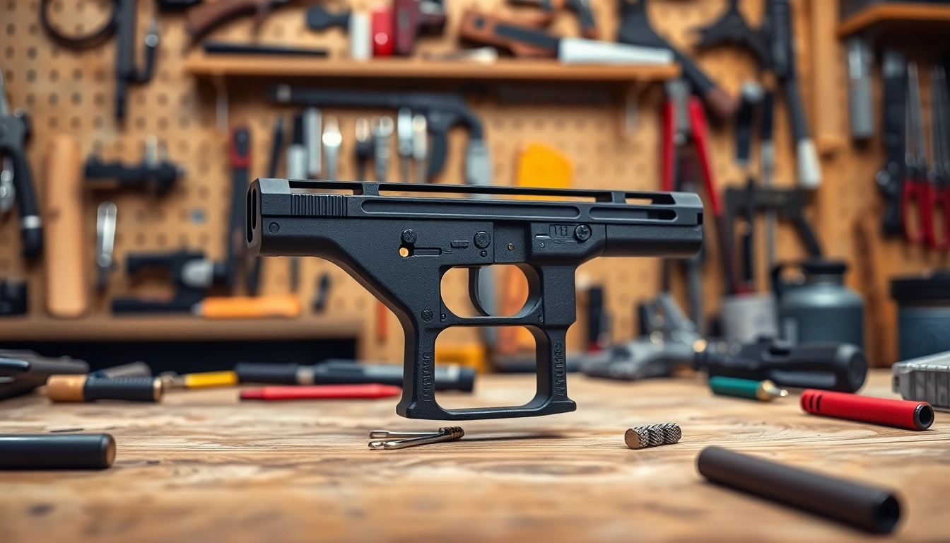 Showcase of polymer 80 glock 19 frame with tools and components on a workbench.
