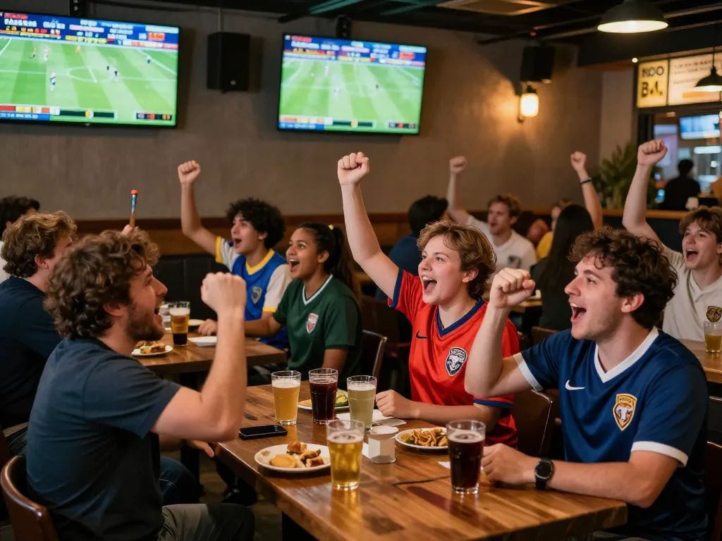 KQBD live scores displayed in a lively sports bar as patrons cheer for their teams.