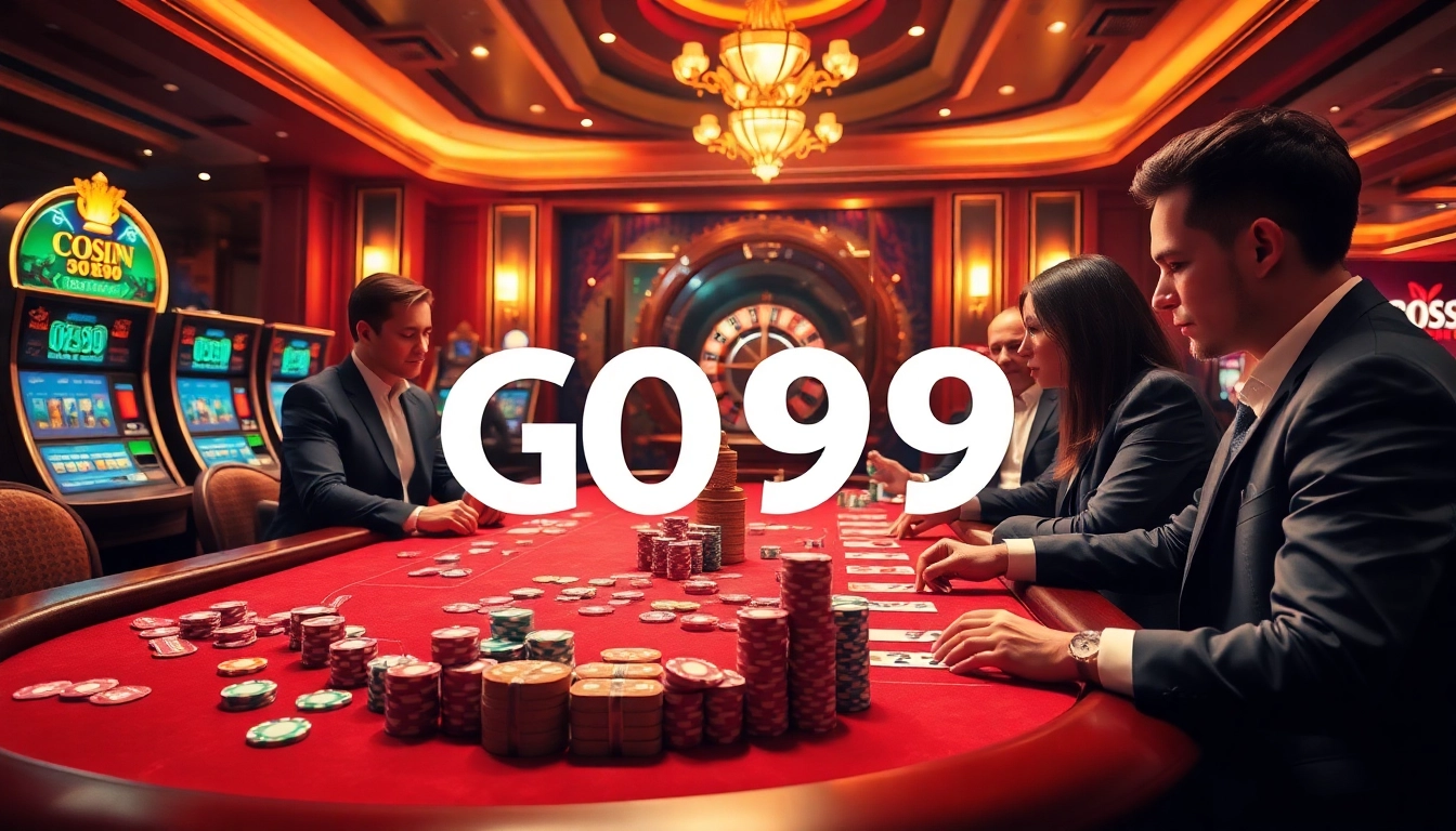 Action-packed scene of GO99 gamblers at a luxurious casino table with poker chips and cards.
