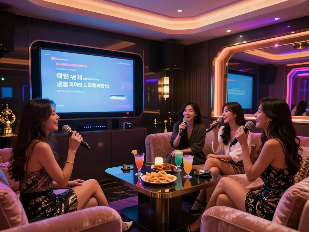럭셔리한 환경에서 친구들과 함께 강남퍼펙트 노래방에서 저녁을 즐기고 있습니다.