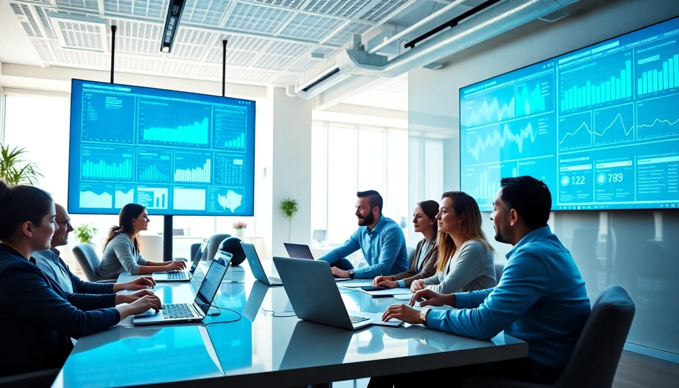 Team members collaborating using AI for competitive intelligence in a modern office setting