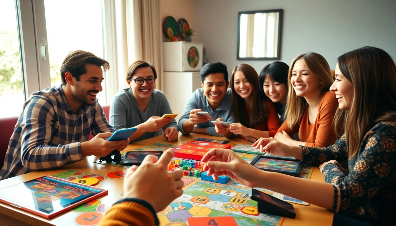 Friends playing interactive games to play with friends, showcasing joy and teamwork.