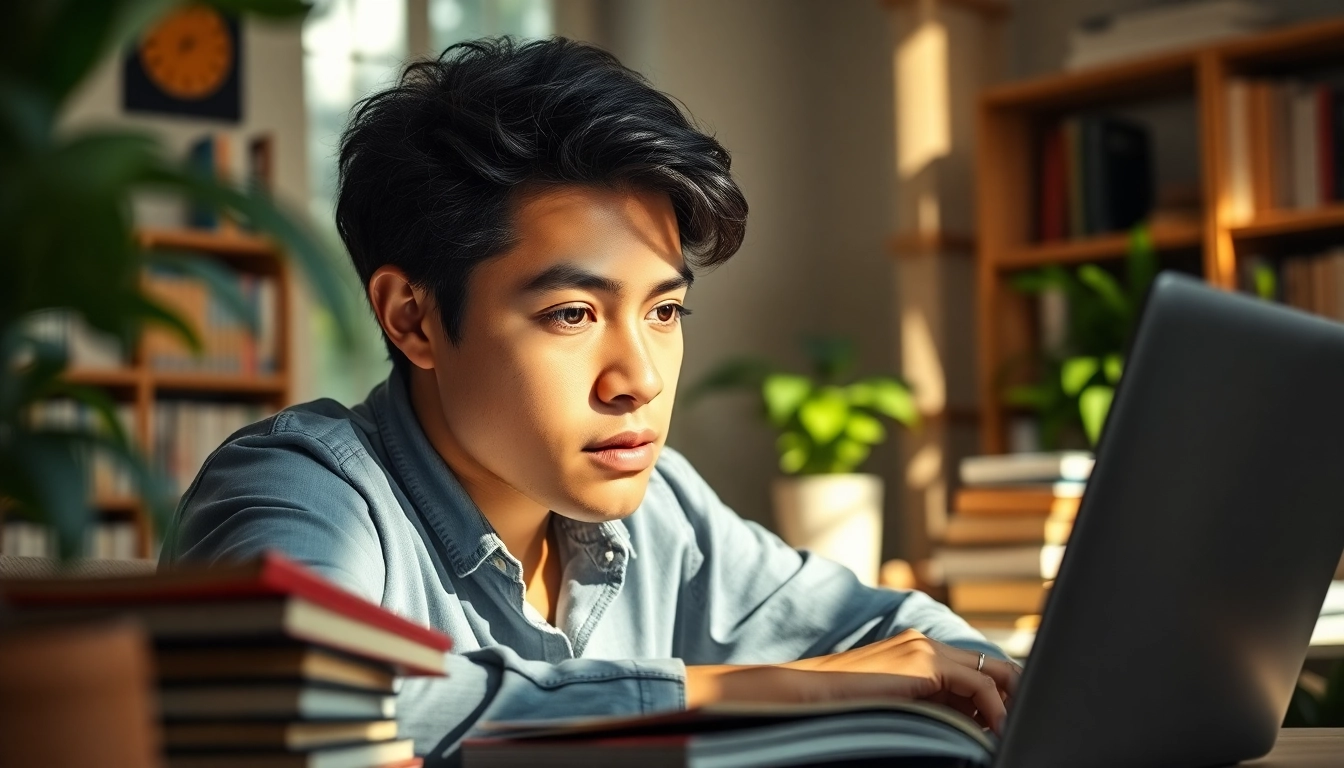 Engaged student using exam assistance tools in a cozy study space.