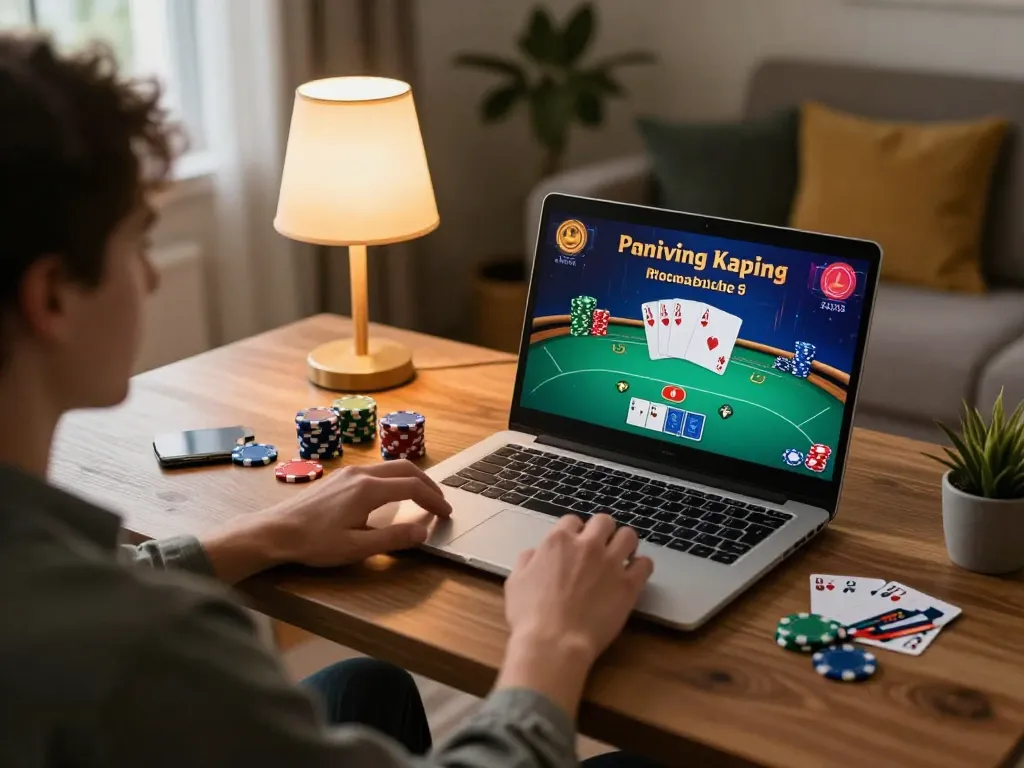 Playing giường bệnh nhân-focused online poker game on laptop in cozy home setup.