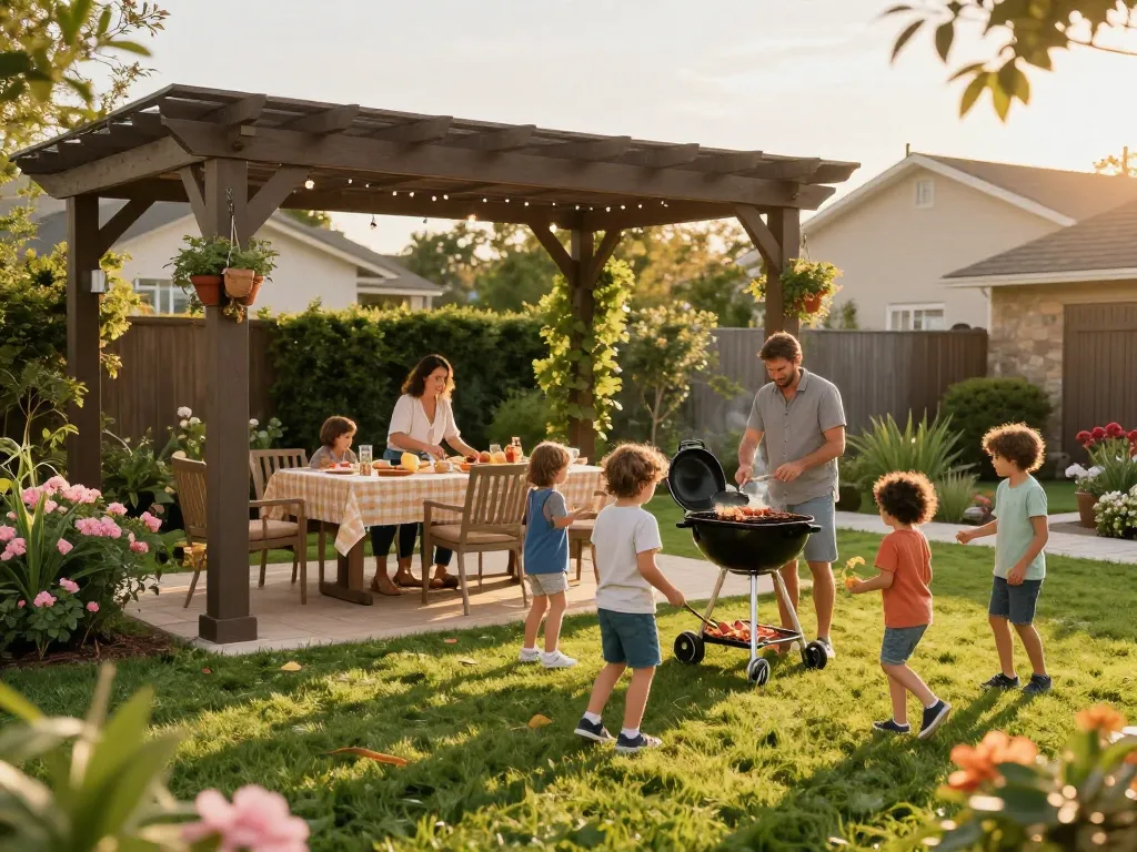 Designing a pergola 3D planner scene with a family enjoying a barbecue under a beautifully shaded outdoor structure.