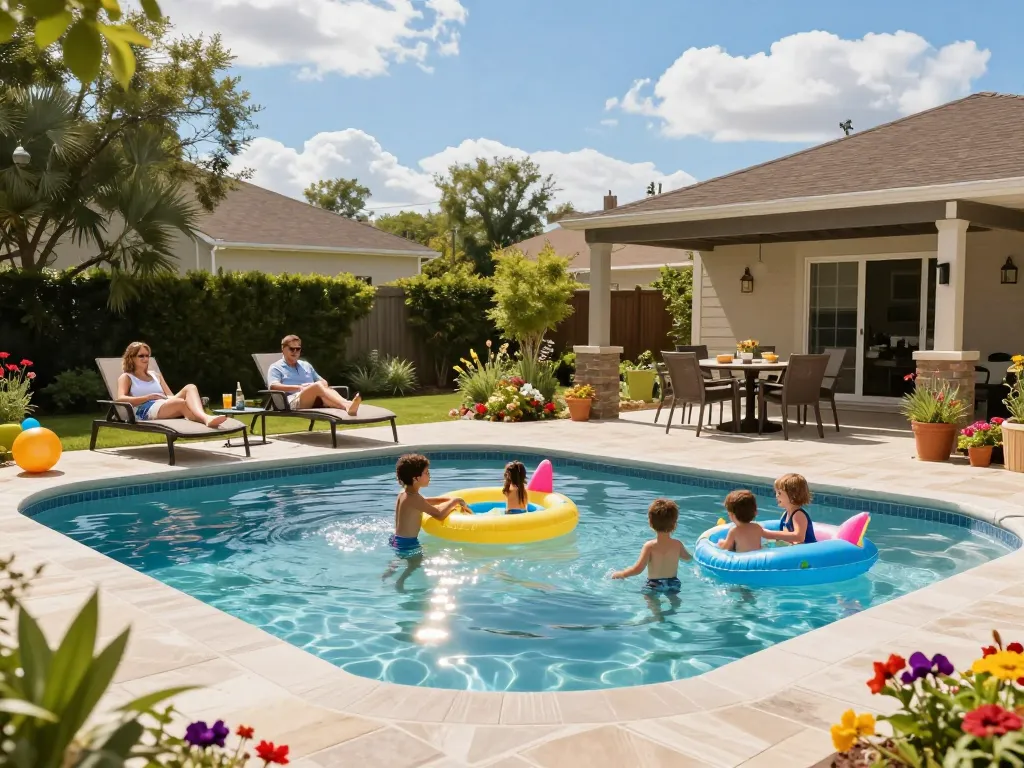 Dolphin Pool Services: Family enjoying a clean, sparkling pool in a beautifully landscaped backyard.