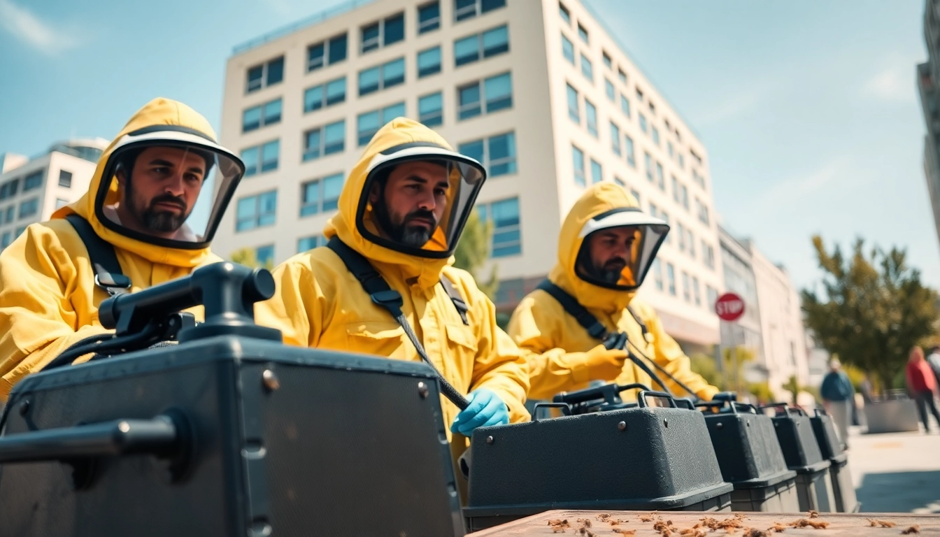 Professional commercial bee removal experts safely removing bees from a commercial property.