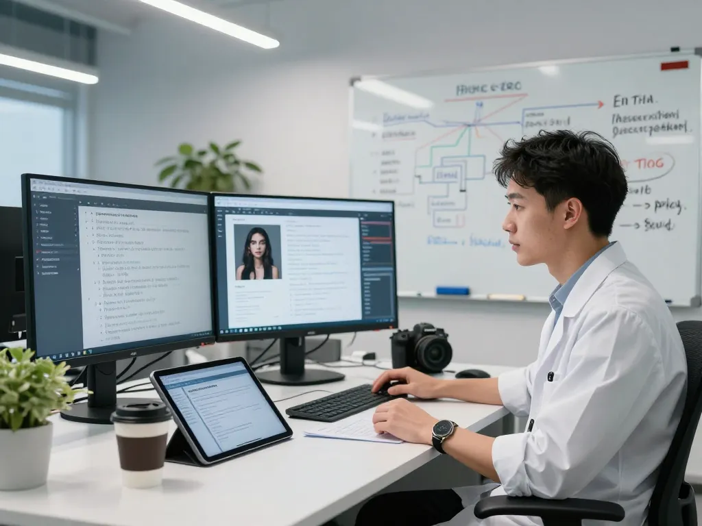 AI researcher analyzing sex AI algorithms in a modern tech lab setting with multiple screens and notes.