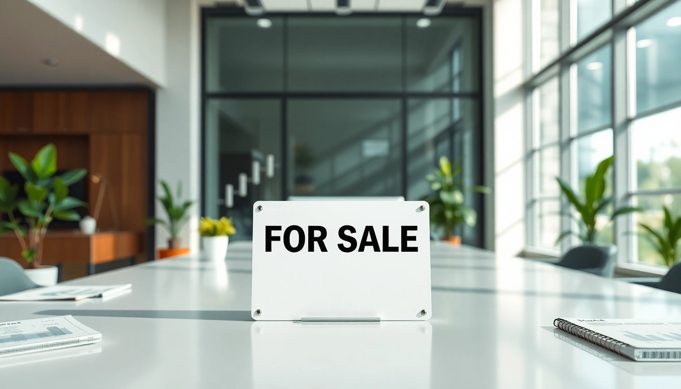 Highlight business for sale sign in a modern office, showcasing a professional workspace.