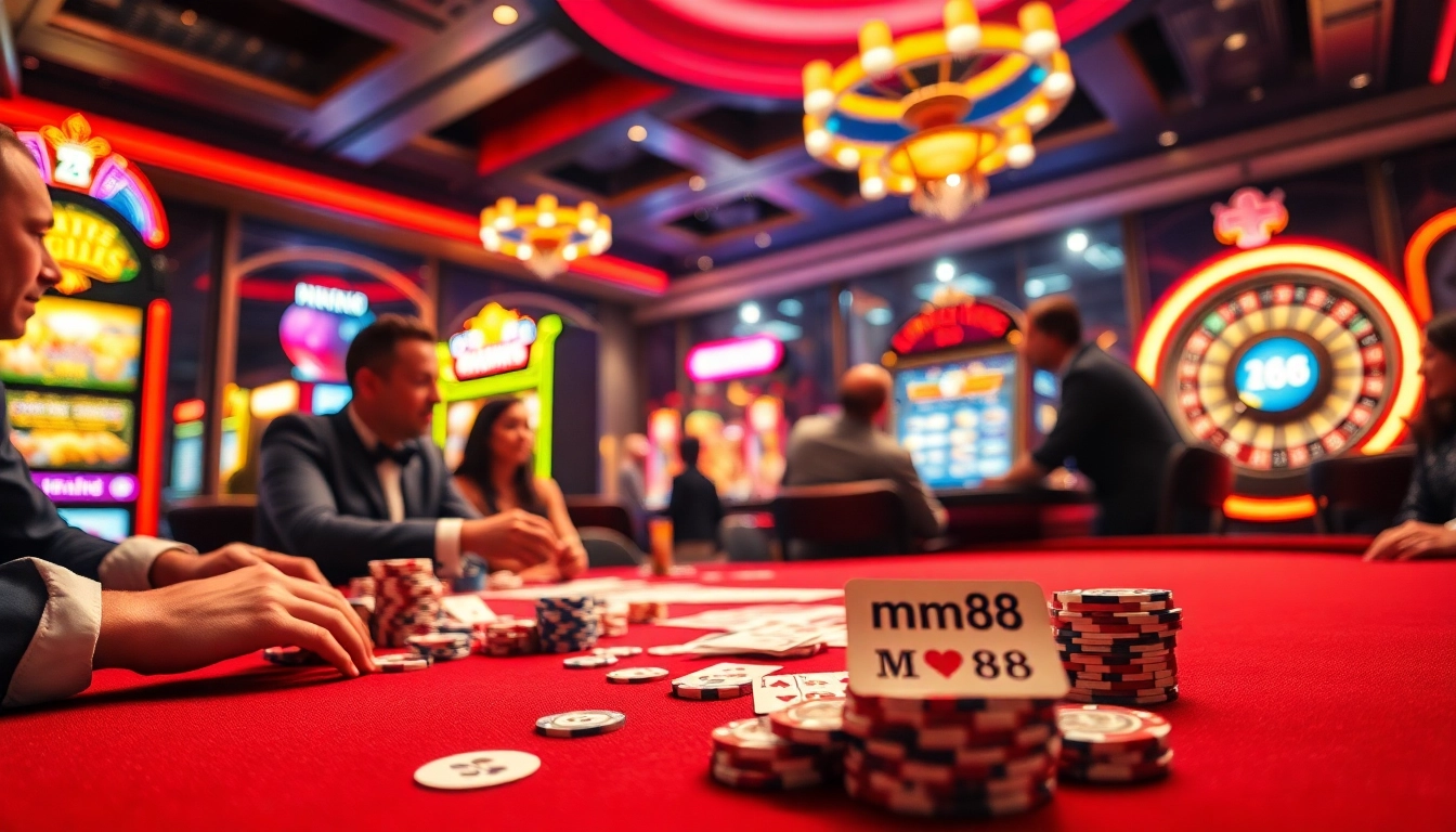 Players at an mm88 poker table eagerly strategizing their next move with vibrant chips and cards.