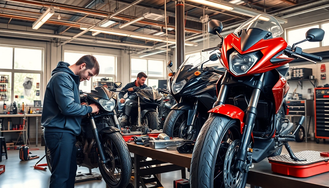 In der motorrad werkstatt reparieren erfahrene Mechaniker Motorräder mit Fachkenntnis.