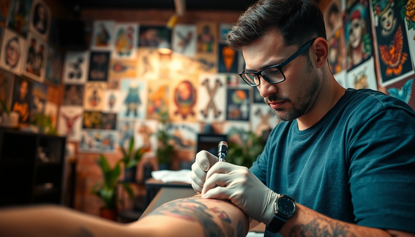 Creating intricate tattoos at Tattoostyles24.com with a skilled artist in a vibrant studio.