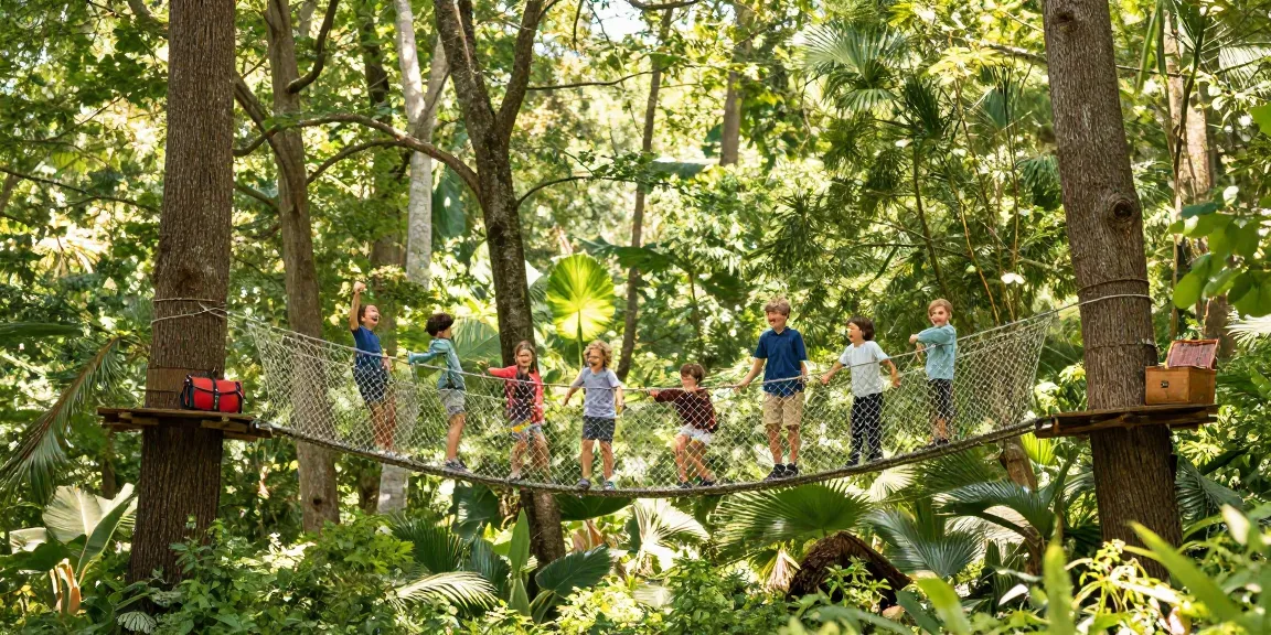 Rope Bridge design displayed with children joyfully crossing in a lush forest setting