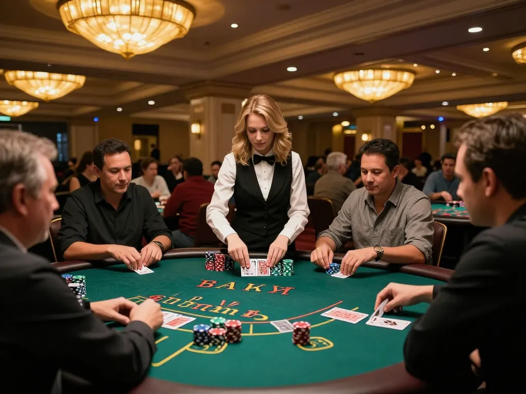 Players at TG88 casino focused on blackjack strategy, chips stacked high in a vibrant atmosphere