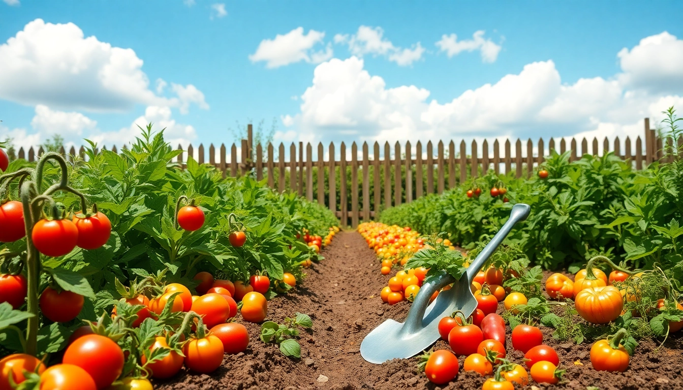 Gardening lush vegetable garden showcasing vibrant plants and tools gleaming in sunlight.