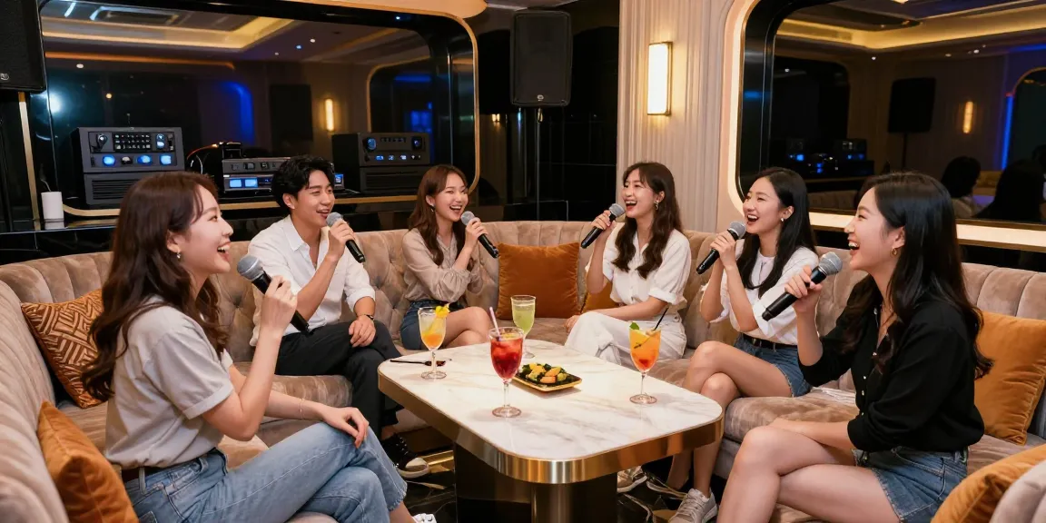 강남 가라오케에서 친구들과 함께 노래를 부르며 즐거운 시간을 보내는 모습