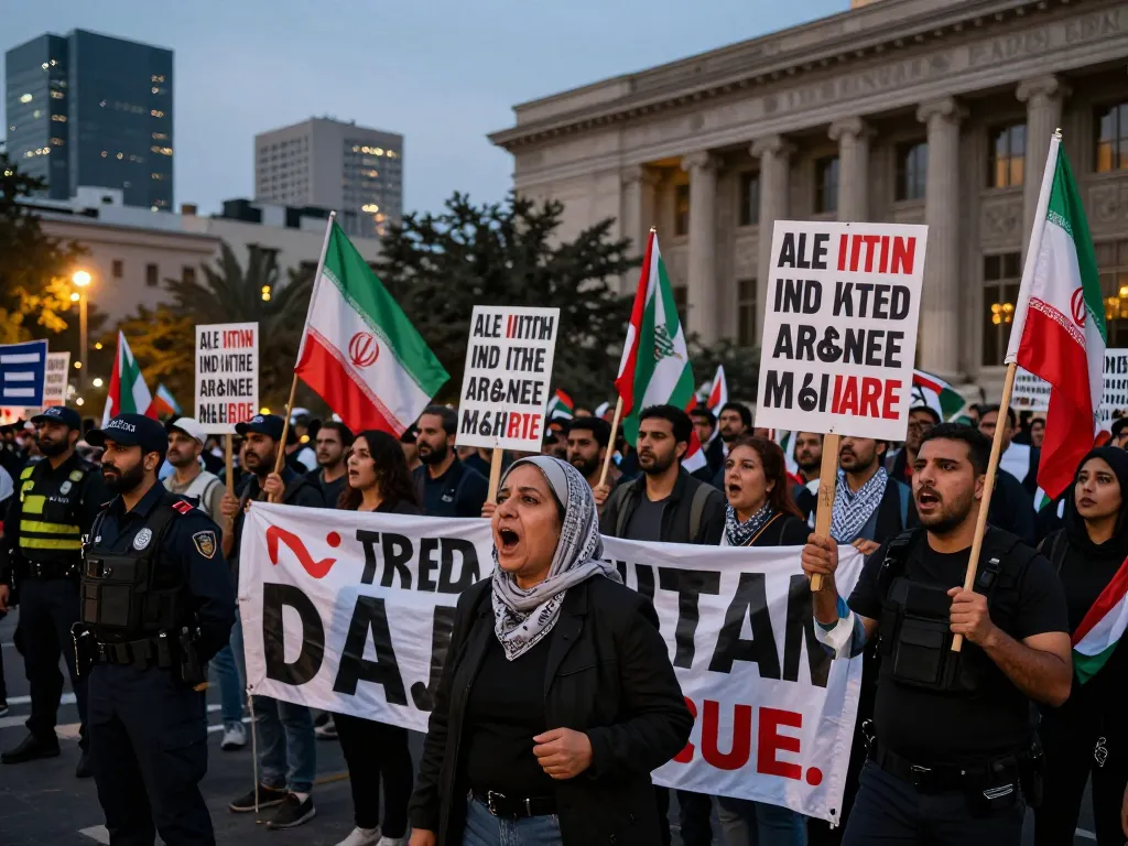 Vibrant scene of activists demanding regime change in Iran during a protest, showcasing determination for freedom amidst a politically charged atmosphere.