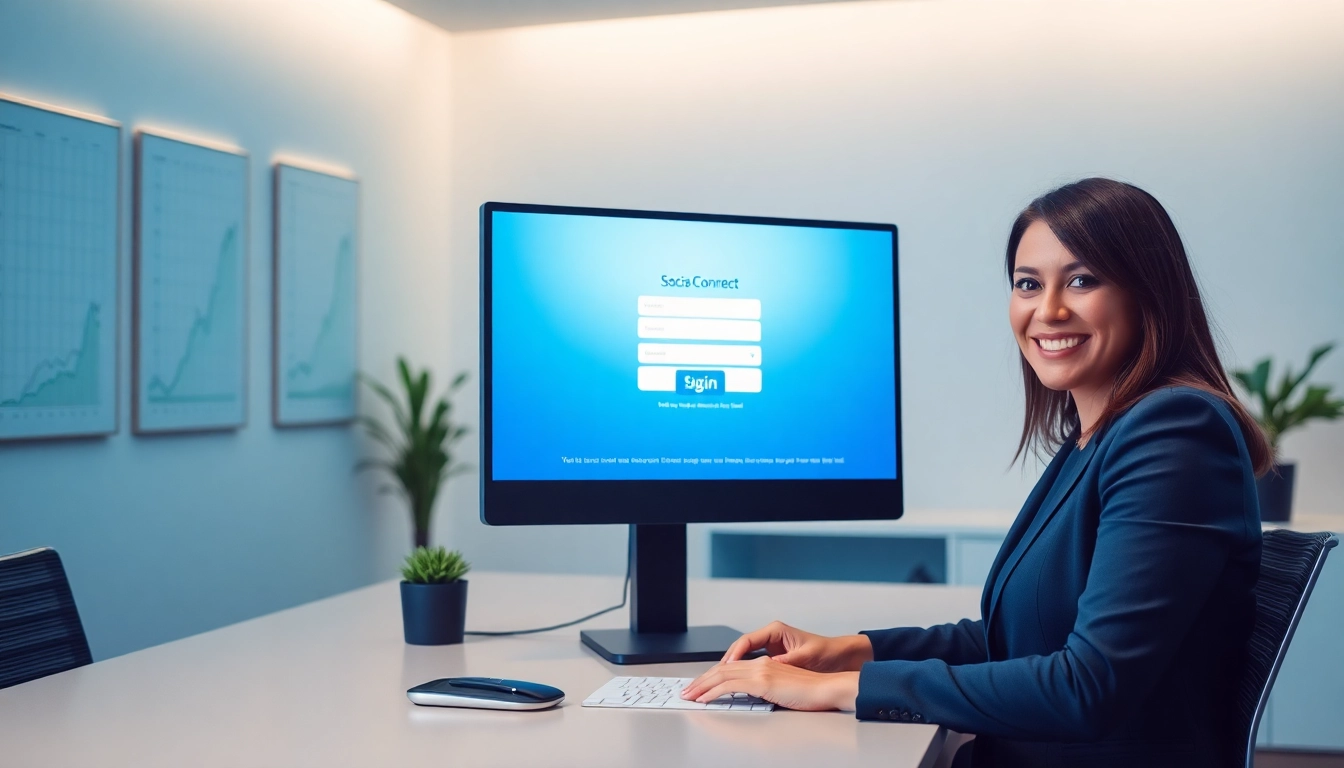 Scotia Connect login interface displayed in a modern office setting.