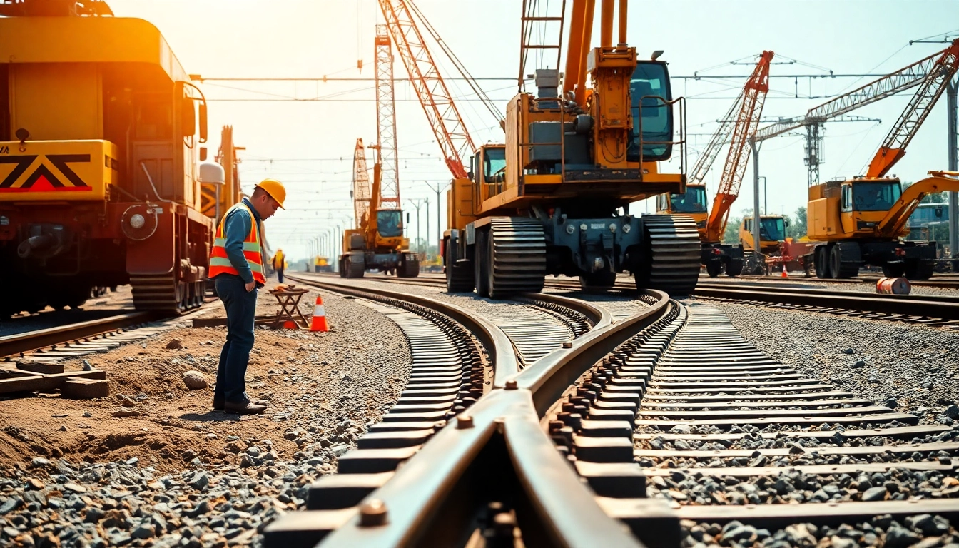 Construction site showcasing skilled workers and machinery for a Railroad Track Construction Company.