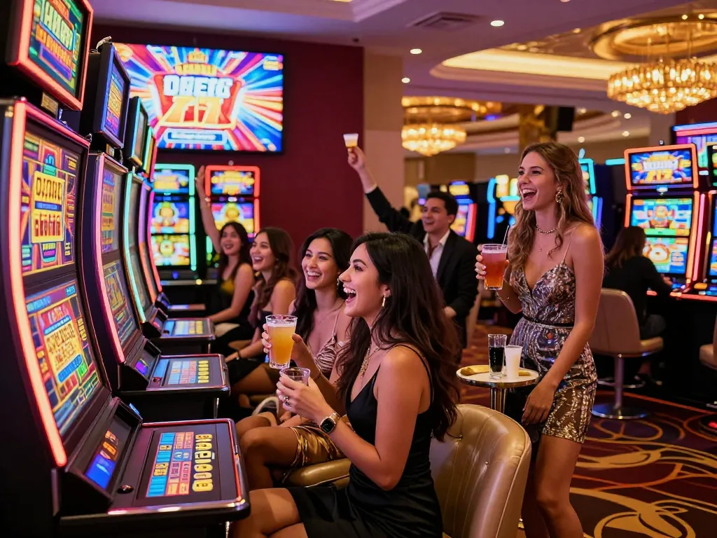 Friends celebrating a win while playing at vegasslot77.com slot machines in a lively casino.
